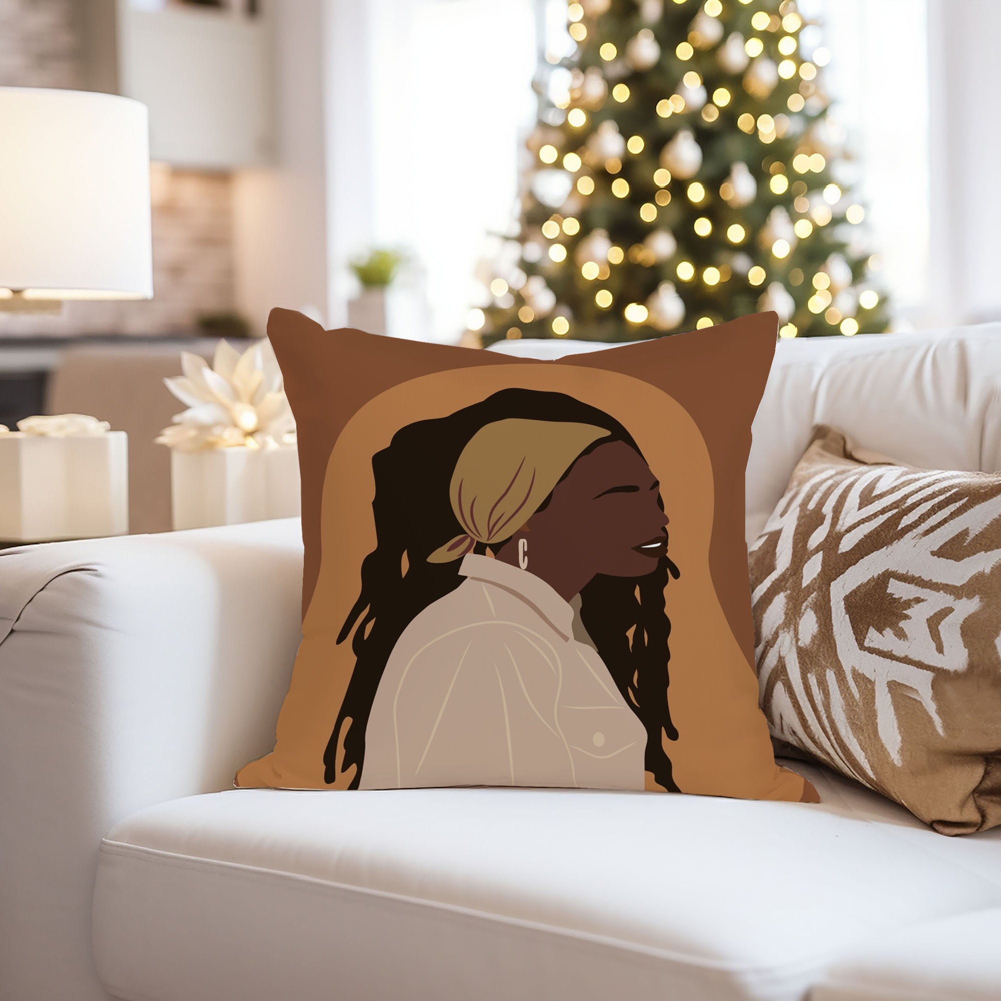 Ethan Taylor People and Portraits Throw Pillow Soft Cushion Cover 'African American Woman Portrait Portraits Female' Bohemian Pattern Decorative Square Accent Pillow Case, 16x16 Inches, Brown, Orange - image 4 of 5
