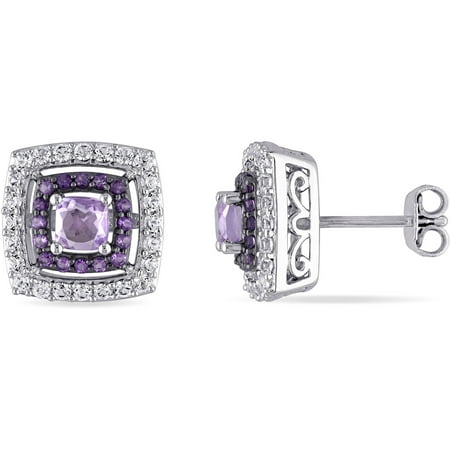 Tangelo 4-3/4 Carat T.G.W. Rose de France, Amethyst and Created White Sapphire Sterling Silver Double Halo Stud Earrings