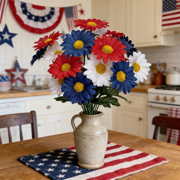 Leutsin Red White and Blue Flowers, Artificial Mixed Patriotic Flower Silk Bouquet for Memorial 4th of July Independence Day Centerpiece Table Home Decor Cemetery Grave Decorations (K)