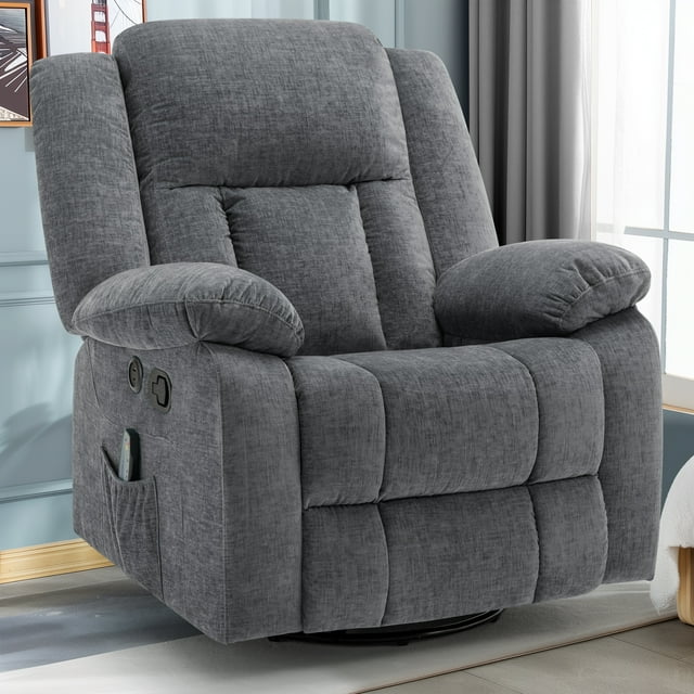 Korser Massage Swivel Rocker Recliner Chair with USB Ports Chenille for Living Room,Grey
