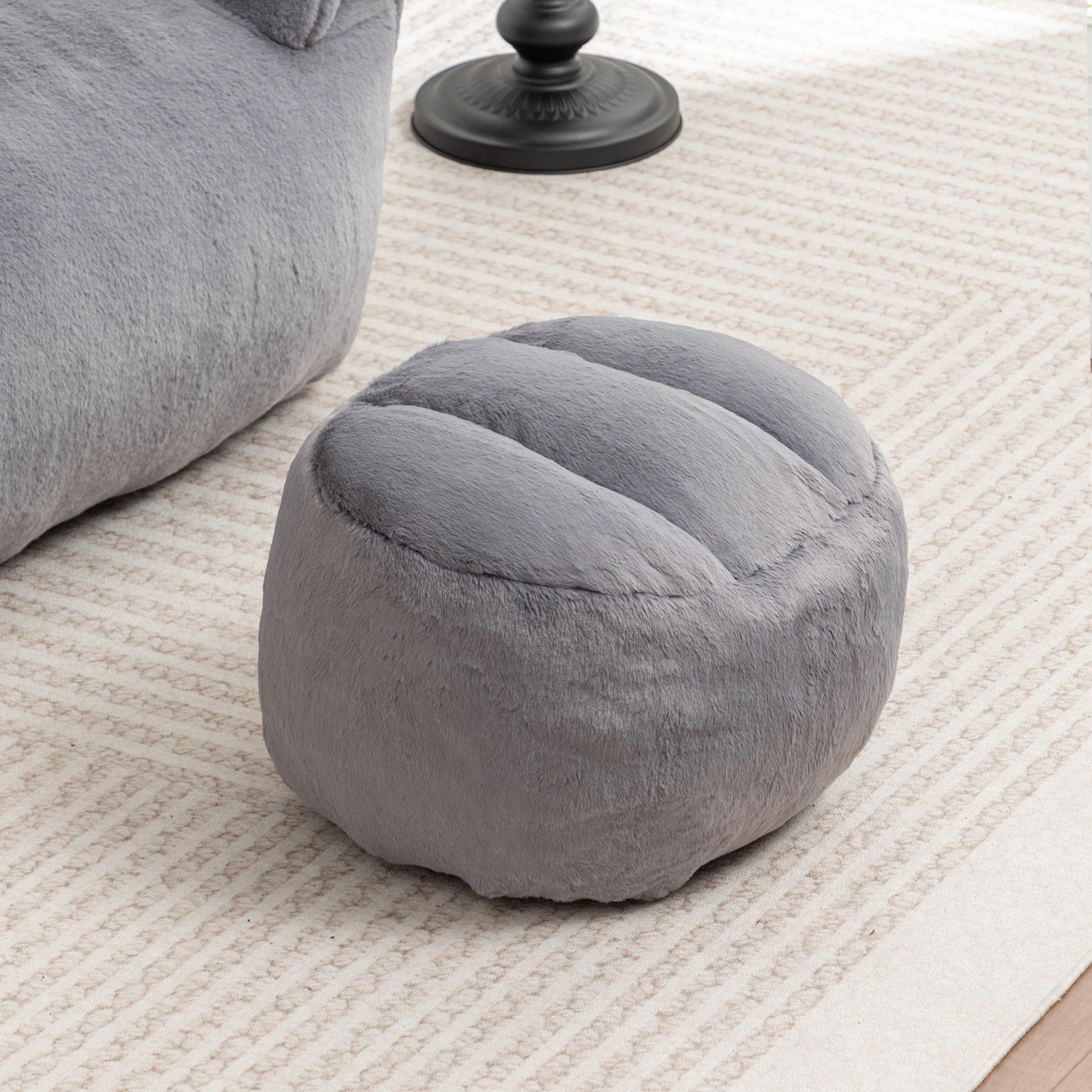 Noble House Elijah Faux Fur Bean Bag Chair with Ottoman Set, Comfy Stuffed Floor Lounge Sofa with Back Support, Dark Gray