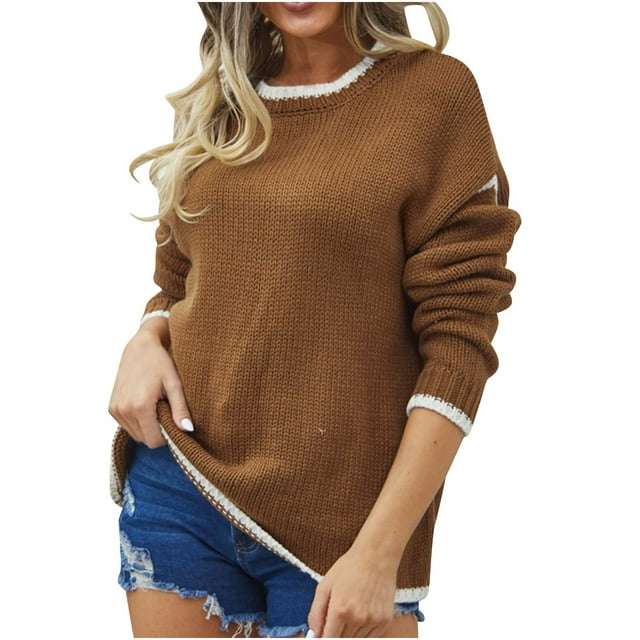 Timegard Chandails pour Femmes Col Ras du Cou Tricoté Chandail Léger Automne Décontracté Manches Longues Chemises Hauts