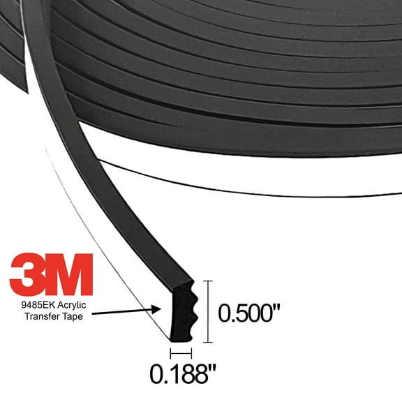 ESI Ribbed Rectangle EPDM Foam Rubber Seal (.500" Width x .187" Height) with 3M 9485EK Acrylic Transfer Tape. Weatherstripping for Door, Window, Exterior. Multiple Use Weather Seal Gasket