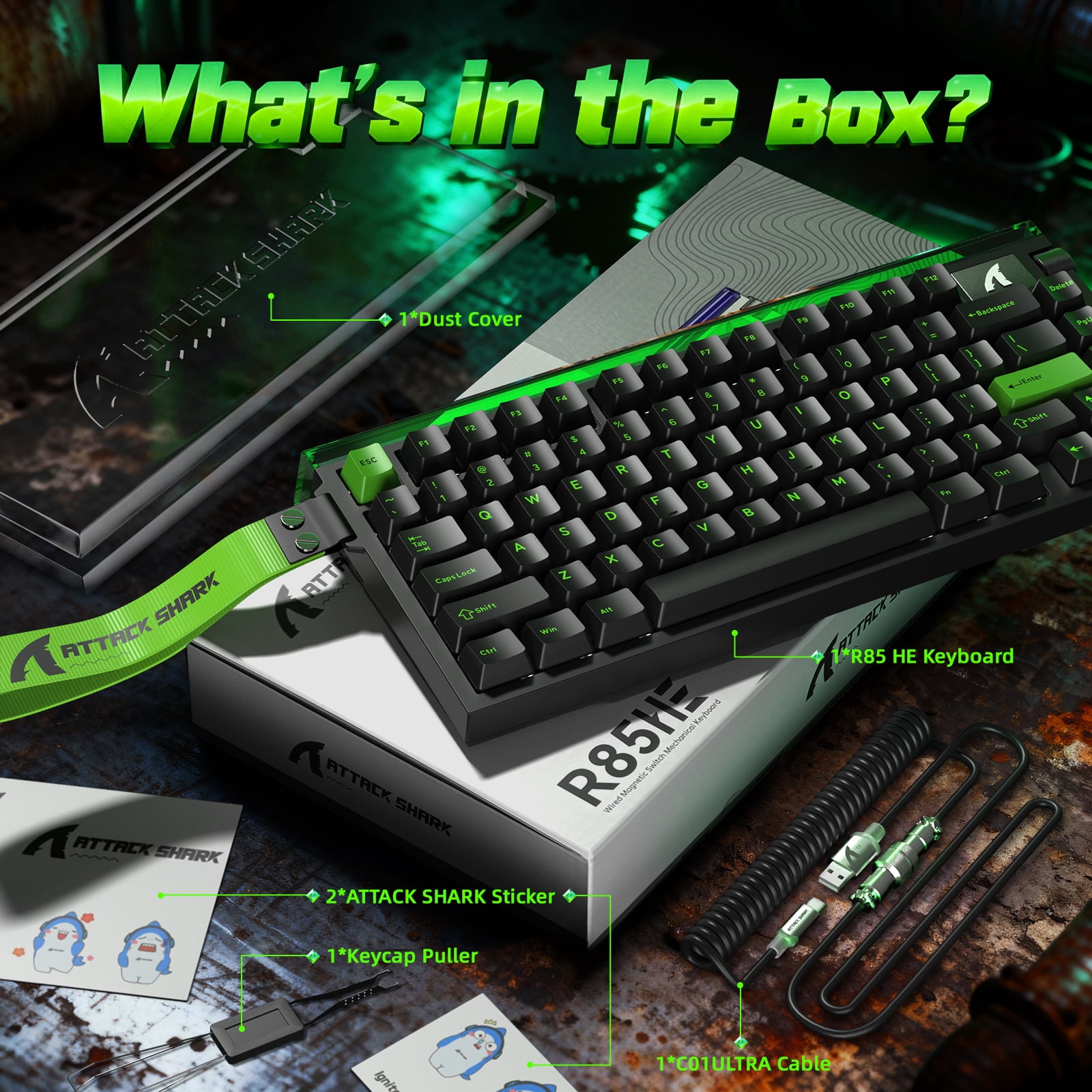 ATTACK SHARK R85 HE 75% Magnetic Wired Gaming Keyboard, 8KHz Polling Rate, Hall Effect Hot Swappable Switches, RGB Light Bar, Volume Knob, PC/Mac Compatible, Green