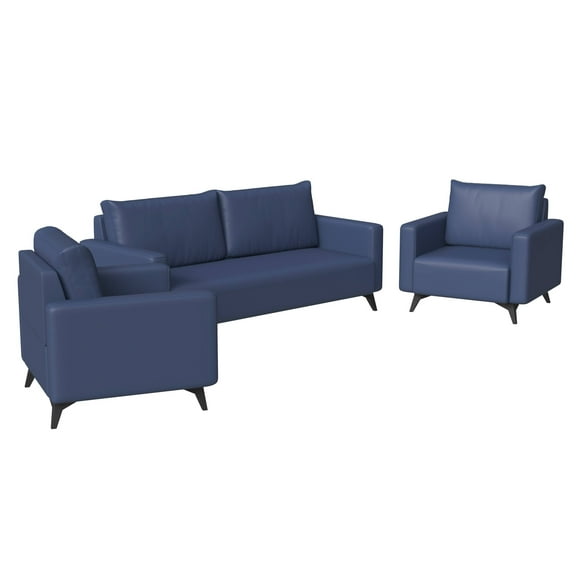 LeisureMod 3-Piece Sofa Set with 2 Single-Seater and a Three-Seater Wide Couch Upholstered in Leather with Stainless Steel Legs Removable Back Cushion and Foam Filled Seat Inno Series in Dark Blue