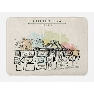 Mexican Bath Mat, Ancient Temples in Chichen Itza Tzompantli Kukulkan Crypt Tomb Pyramid El Castillo, Non-Slip Plush Mat Bathroom Kitchen Laundry Room Decor, 29.5 X 17.5 Inches, Multicolor, Ambesonne
