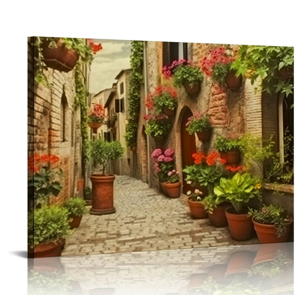 JRXY  Tuscany Town Canvas Wall Decor Italian Mediterranean Streets Scenery Pictures Painting Vintage Tuscan Village Artwork for Bedroom Living Room Decoration  16x12in