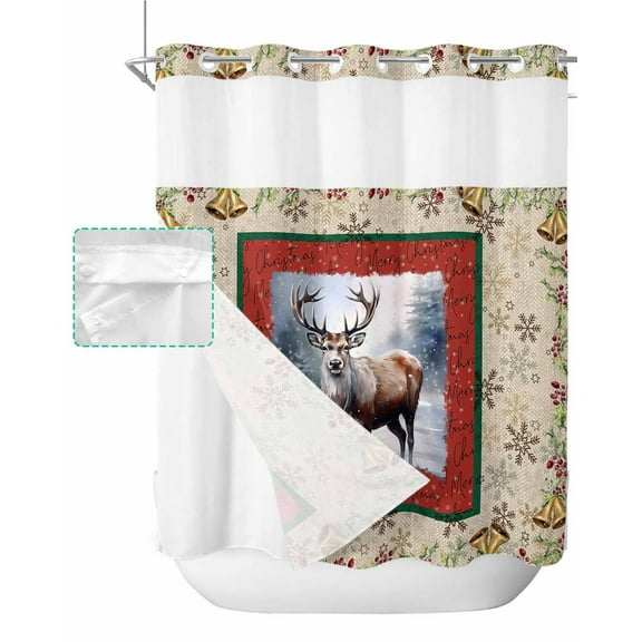 No Hook Shower Curtain with Snap in Liner, Christmas Elk Snowflake Bell Cotton and Linen Hotel Shower Curtains for Bathroom, Washable Shower Curtain Liner Set with Mesh Top Window, 72"x72"