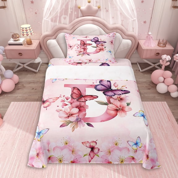 Erosebridal Girls Floral Sakura Personalized D Initial Twin Sheet Sets 3pcs,Flowers Flying Butterflies Bedding For Kids,Super Cozy Room Decor