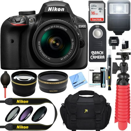 Nikon D3400 24.2 MP DSLR Camera + AF-P DX 18-55mm VR NIKKOR Lens Kit (Black) 32GB SDXC Memory + SLR Photo Bag + Wide Angle Lens + 2x Telephoto Lens + Flash Accessory Bundle (Certified (Best Dx Wide Angle)
