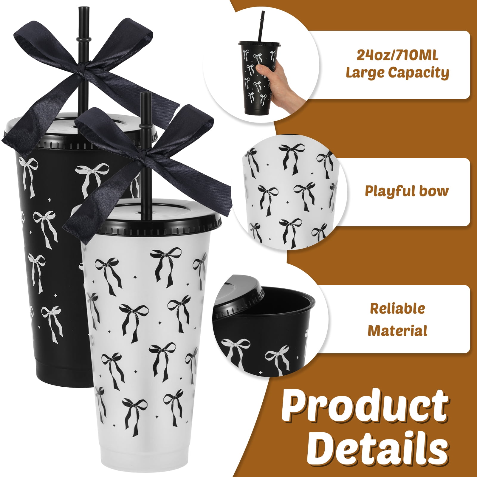 24 Pcs 24oz Bow Plastic Cup with Lid Straw and Ribbon Reusable Tumbler for Birthday Wedding Baby Shower Bridal Party Black