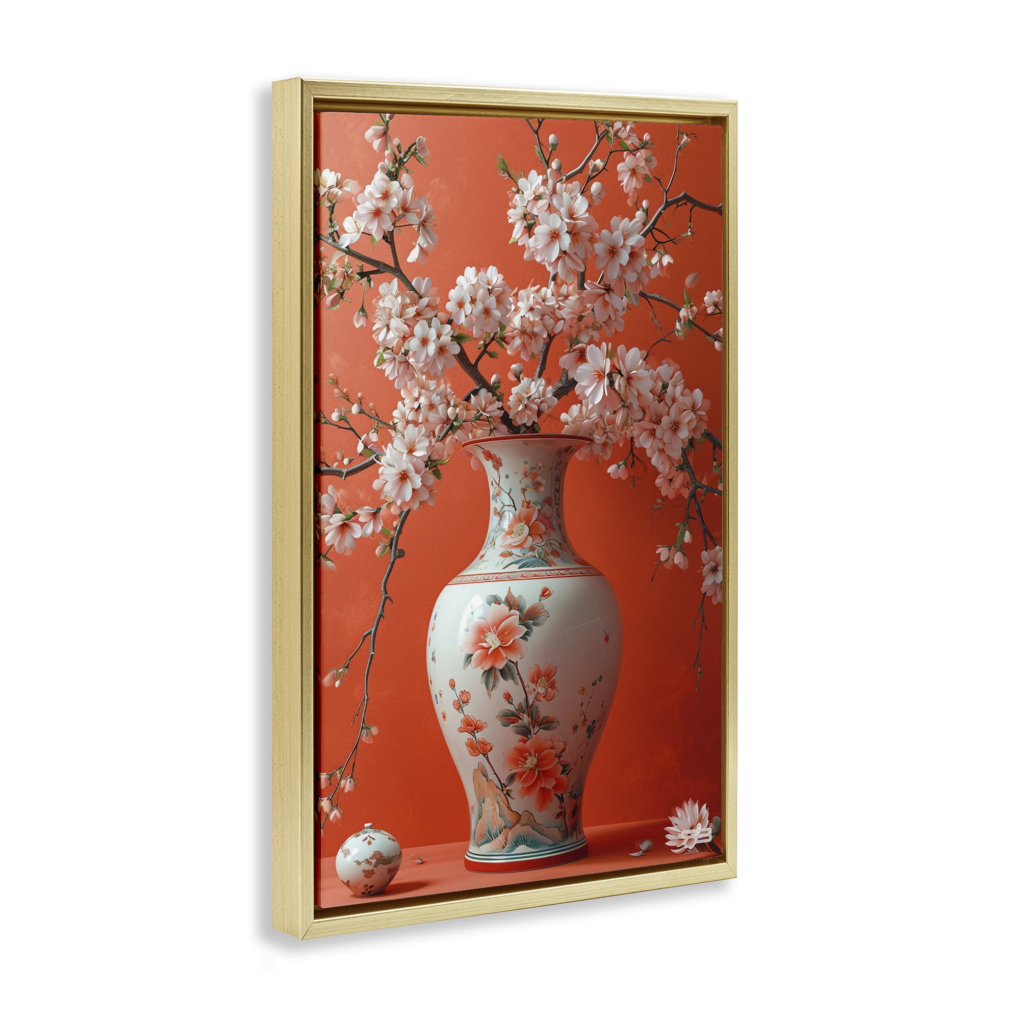 Stupell Industries Flowers in Eastern Vase Botanical & Floral Painting Gold Floater Framed Art Print Wall Art, 17 x 25