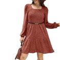 thumbnail image 4 of Ndbuld Womens Long Sleeve Fall Dresses Women's Casual Solid Color Lantern Sleeve Pocket Knitted Striped Dress on Clearance,Brown,M, 4 of 7