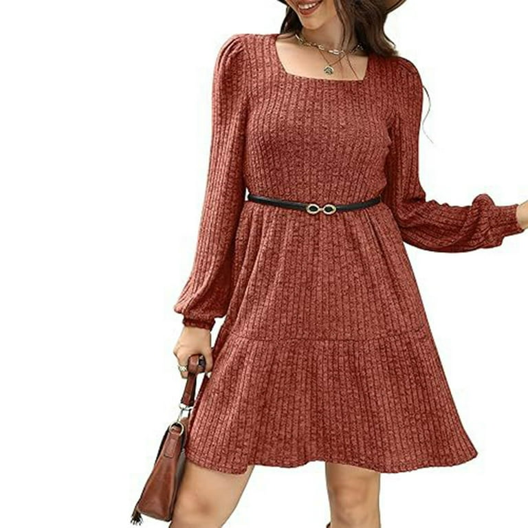 Efsteb Fall Fashion 2025 Womens Long Sleeve Dresses Casual Square Neck Sweater Dress Lantern Sleeve Pocket Knitted Striped Dress (Brown,XL), Women's Efsteb Fall Fashion 2025 Womens Long Sleeve Dresses Casual Square Neck Sweater Dress Lantern Sleeve Pocket Knitted Striped Dress (Brown,XL), Women's