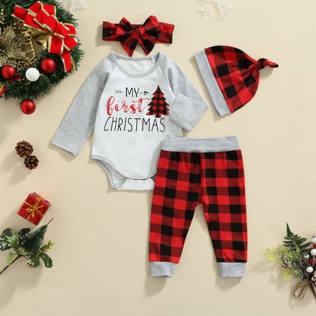 

Seyurigaoka 4Pcs Christmas Baby Girls Boys Outfit Long Sleeve Romper Plaid Pants
