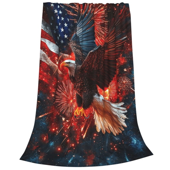 Fourth of July Flying Eagle Flannel Throw Blanket,Patriotic Firework Fleece Blanket, Summer Holiday Flannel Blankets 50x40