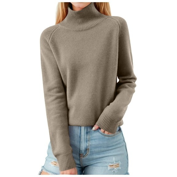 2025 Knit Sweaters for Women Long Sleeve Turtleneck Tops Fall Winter Soft Warm Cozy Wool Knit Sweater Pullover Light Brown 2XL
