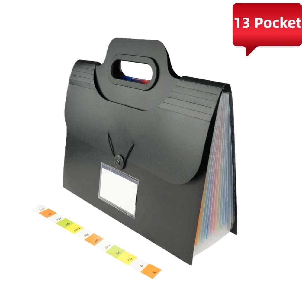PLNYA Black 13 Pocket Expanding File Folder with Handle, Portable A4 Letter Size Accordion Document Organizer, Paper Storage Bag with Colored Index Tabs for Office School Business