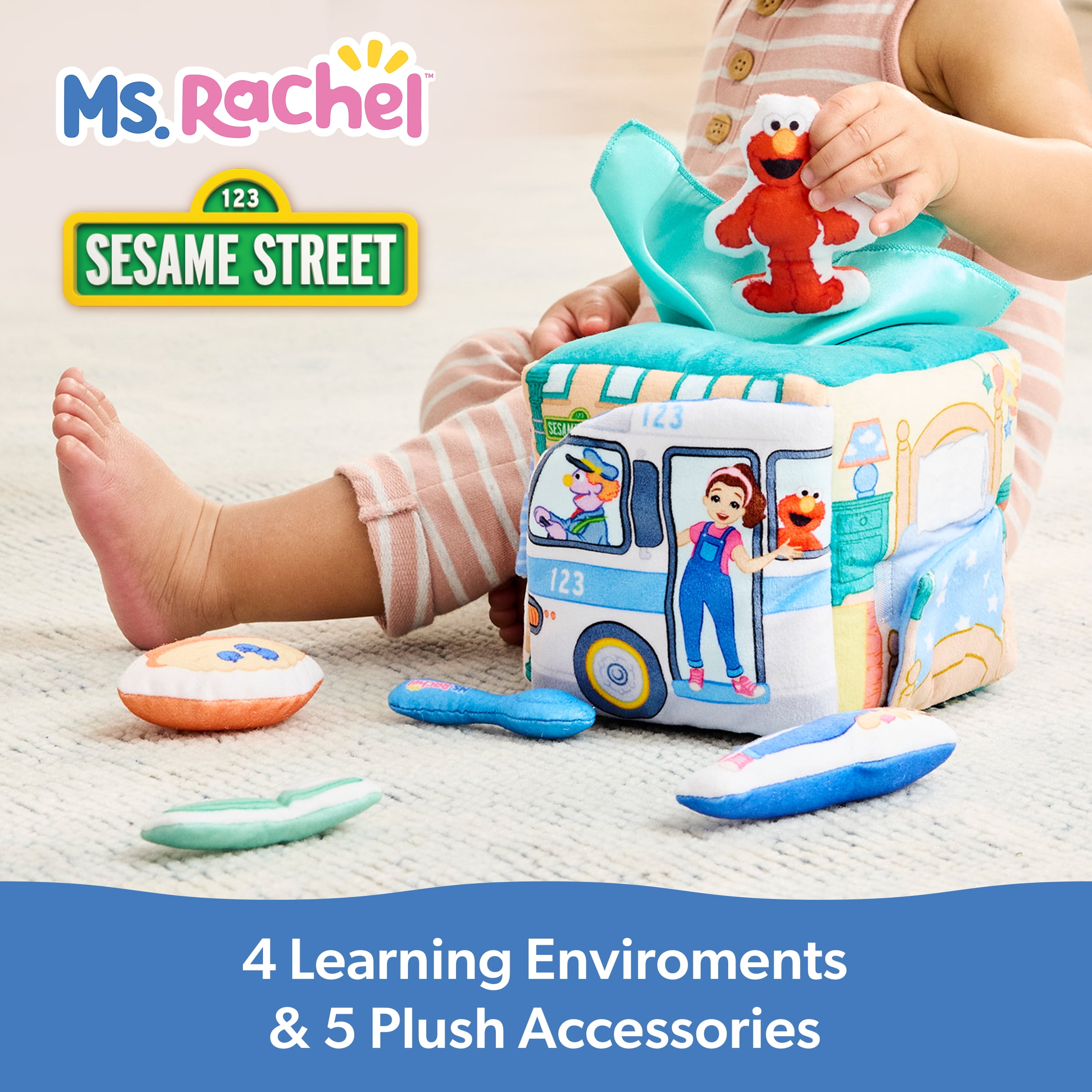 Ms. Rachel x Sesame Street, Coffret Surprise Learning Box avec peluches Elmo et Ms. Rachel, jouets éducatifs avec animaux en peluche, jeux et activités sensoriels pour bébés, jouets pour filles et gar
