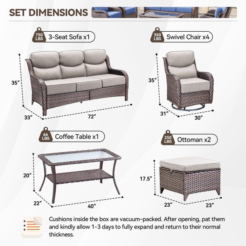 PARKWELL 8 Piece Outdoor Patio Furniture Set,All-Weather High Back Conversation Set with Luxury 6-Inch Thick Cushions,Swivel Glider Chair,9-Seat Furniture Sets for Garden, Deck, Backyard,Brown/Beige