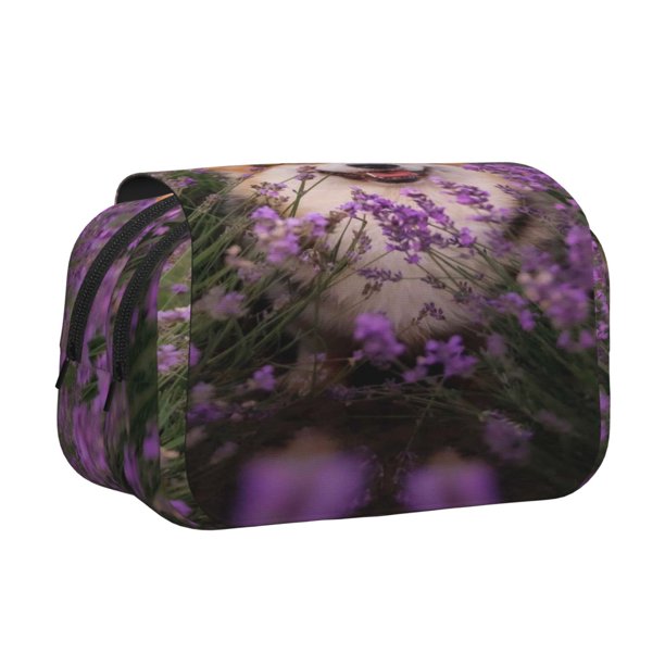 Easygdp Dog in Lavender Flowers para Estuche de Lápices con Tapa Flip, Suministros de Oficina y Universidad para Adolescentes y Adultos