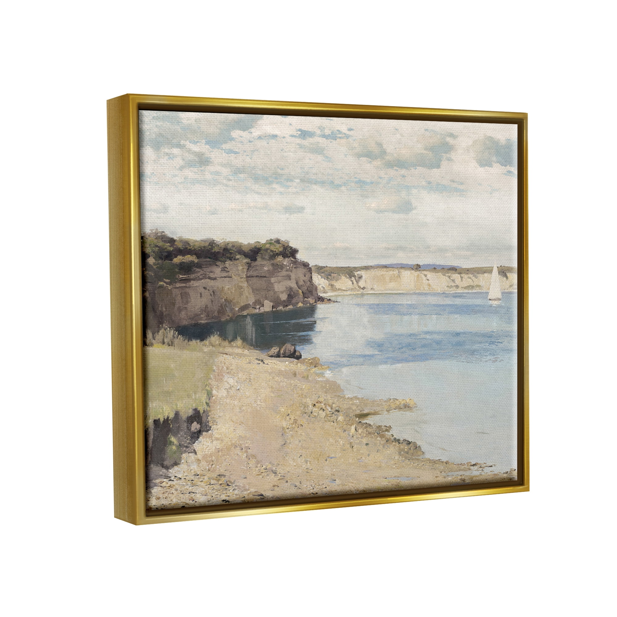 Stupell Industries Still Morning Oceanside Cliffs and a Sailboat Painting Metallic Gold Framed Floating Canvas Wall Art, 16x20, by Christy McKee