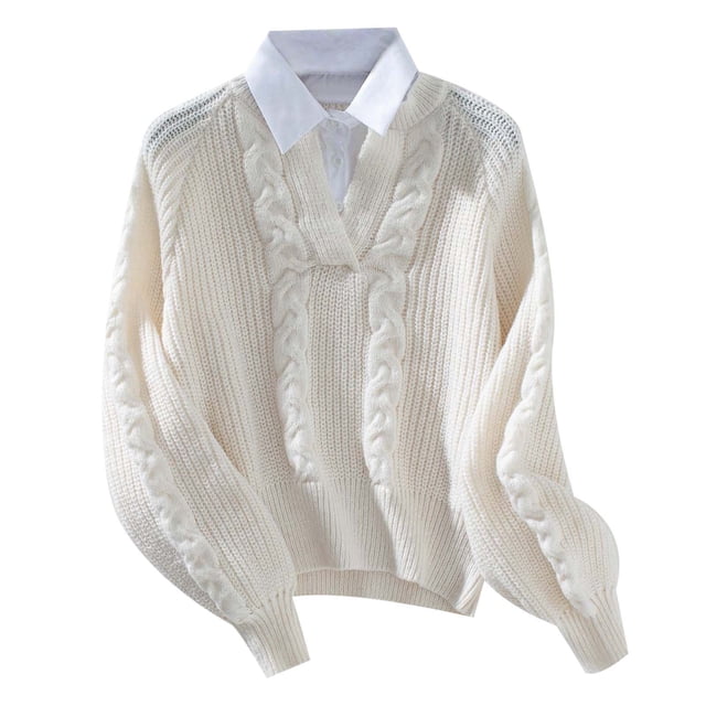 Aocisk Chandail à Col à Revers Deux Pièces pour Femme Style Chemise Décontractée pour l'Hiver Blanc m