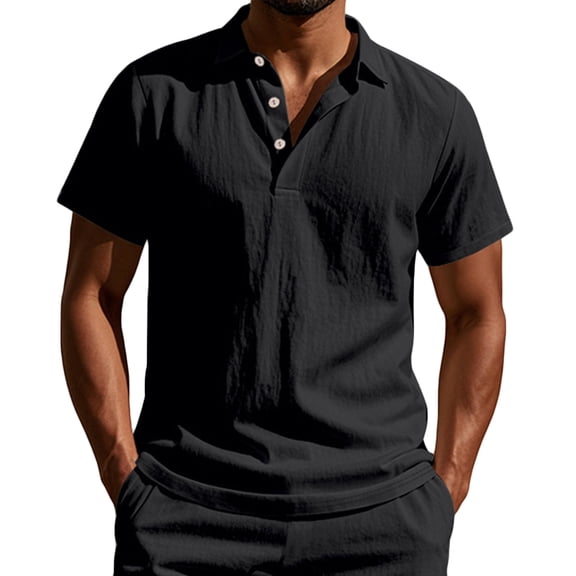 ohmzyzo Short Sleeve Shirts for Men Lapel V Neck Button Down Polo Shirt Casual Lightweight Breathable Summer Tops