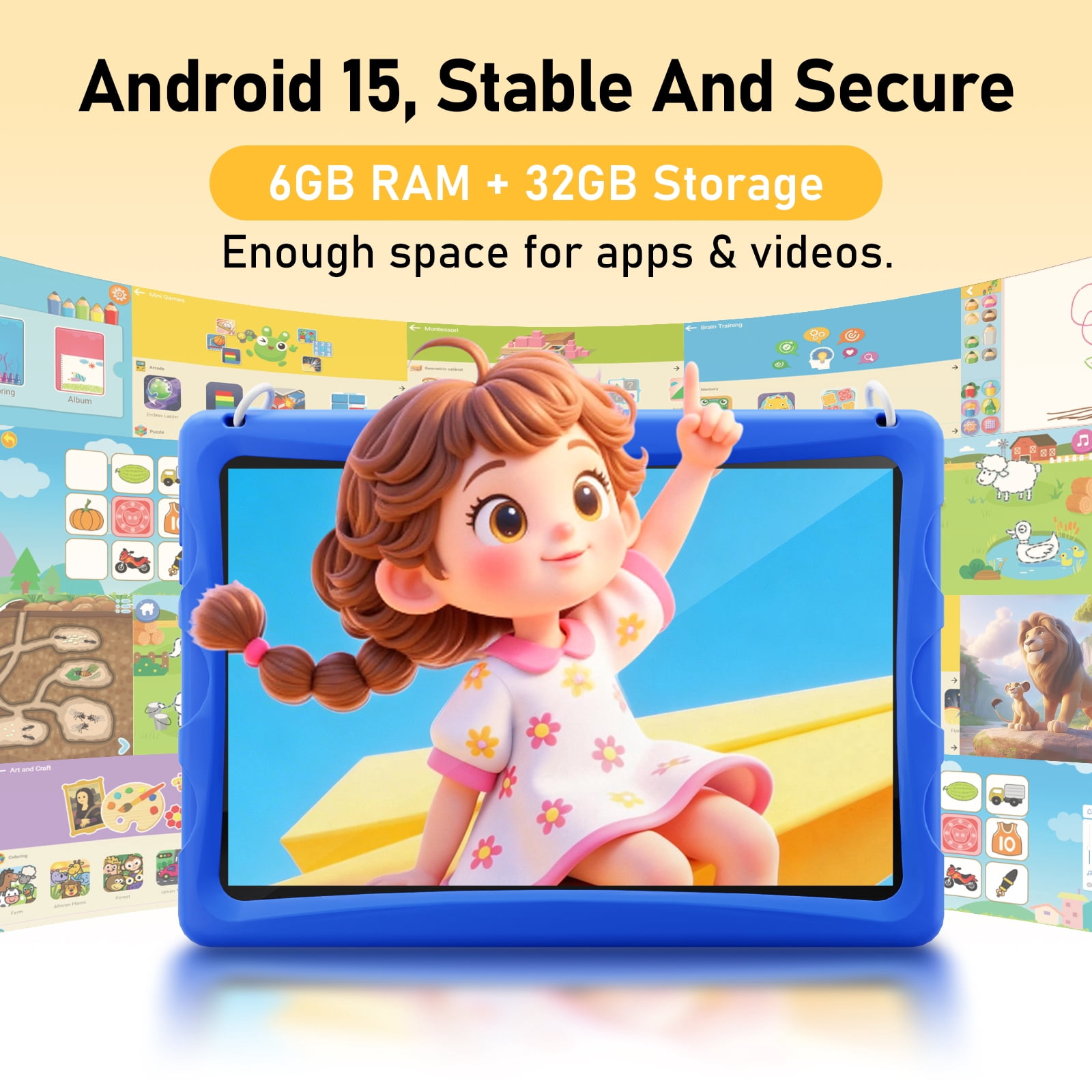 Doundy 10.1" Android 15 Kids Tablet, 6GB+64GB & Dual Camera Tablet for Kid, 6000mAh，Parent Control, Child Education Tablet with Wilanyard(Blue)