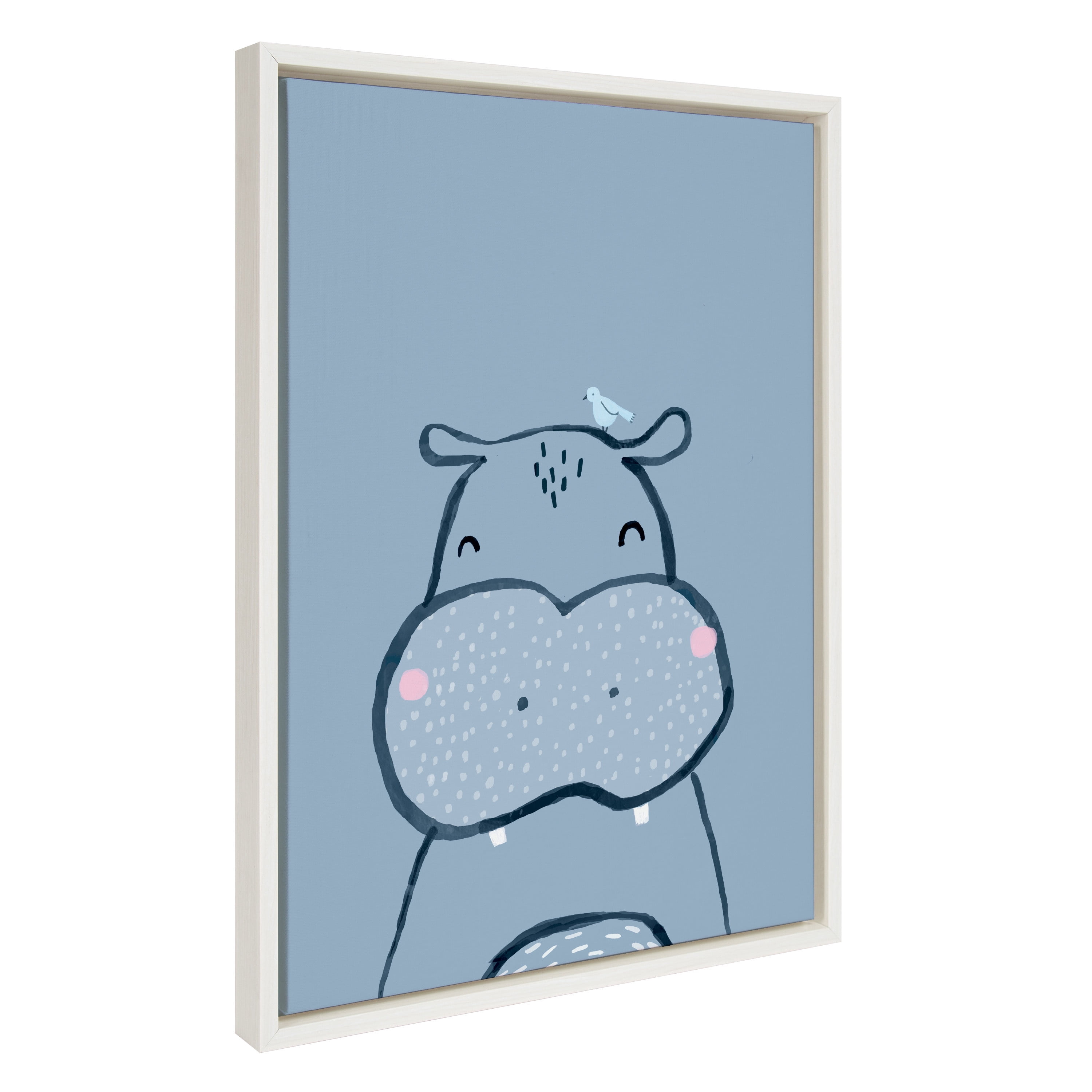 Kate and Laurel Sylvie Inky Hippo Framed Canvas Wall Art by Lauradidthis 18x24 White Adorable Animal Art for Wall