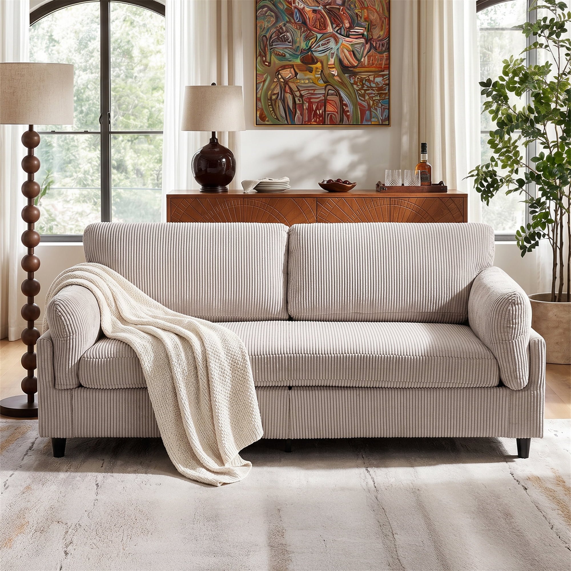 Aukfa 83" Pillow Top Arm Sofa 3 Seat Deep Seat Upholstered Couch for Living Room Bedroom, Corduroy, Camel