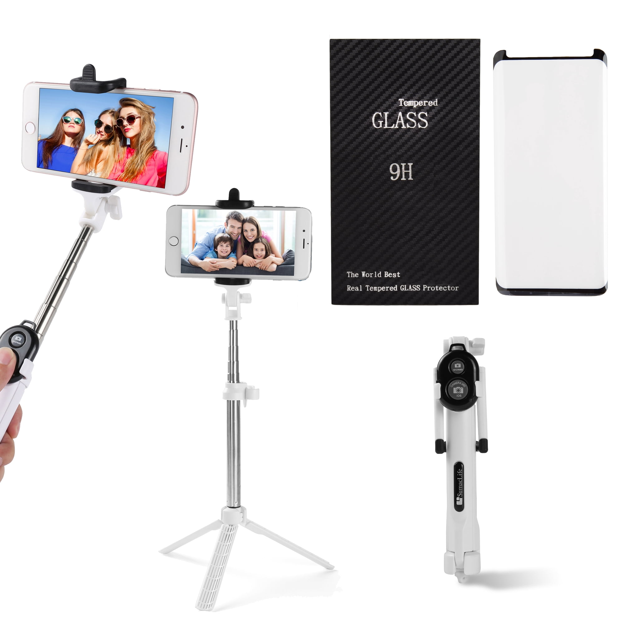 SumacLife Portable Wireless Remote Control Selfie Stick and Mini Tripod with Tempered Glass Screen Protector for Samsung Galaxy S9