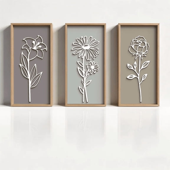 TOARTi 3D Wooden Floral Framed Wall Art Boho Minimalist White Flower Sculpture Botanical Wall Decor Set of 3 for Living Room Bedroom Farmhouse 8x16 Inch