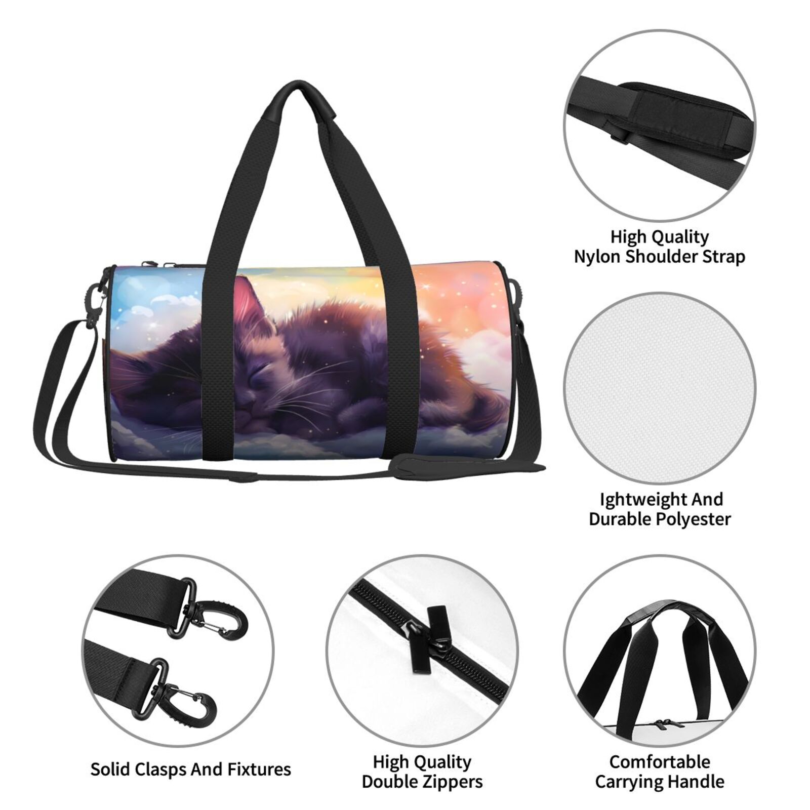 Vsdgher Colorful Cloud Sleeping Cat 45L Foldable Duffel Bag, Sports Gym Bag,Overnight Bag, Portable Weekender Bag for Airplanes