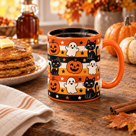 Coffee Mug Retro Halloween Stripes with Pumpkins, Black Cats, Ghosts and Stars for Spooky Season Sips