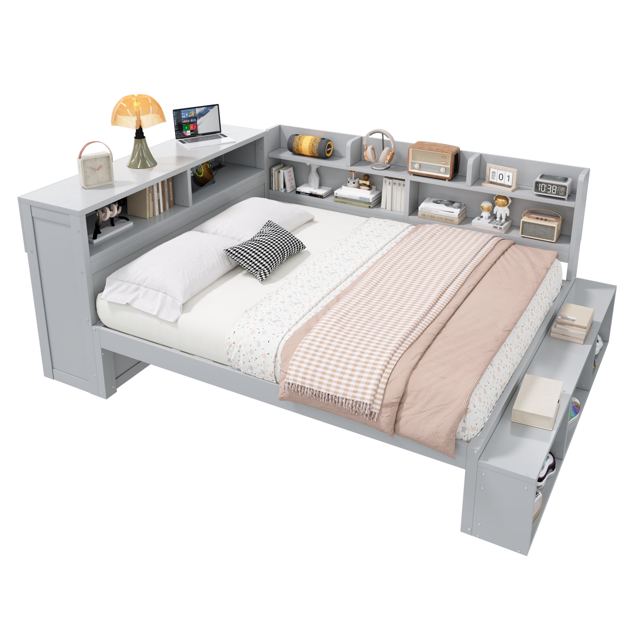 Noble House Arvion Full Size Wood Daybed with 7 Storage Cabinets, Built-in Shoe Rack and USB Charging Port, Gray