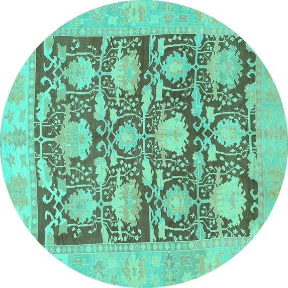 Ahgly Company Machine Washable Indoor Round Abstract Turquoise Blue Modern Area Rugs, 3' Round