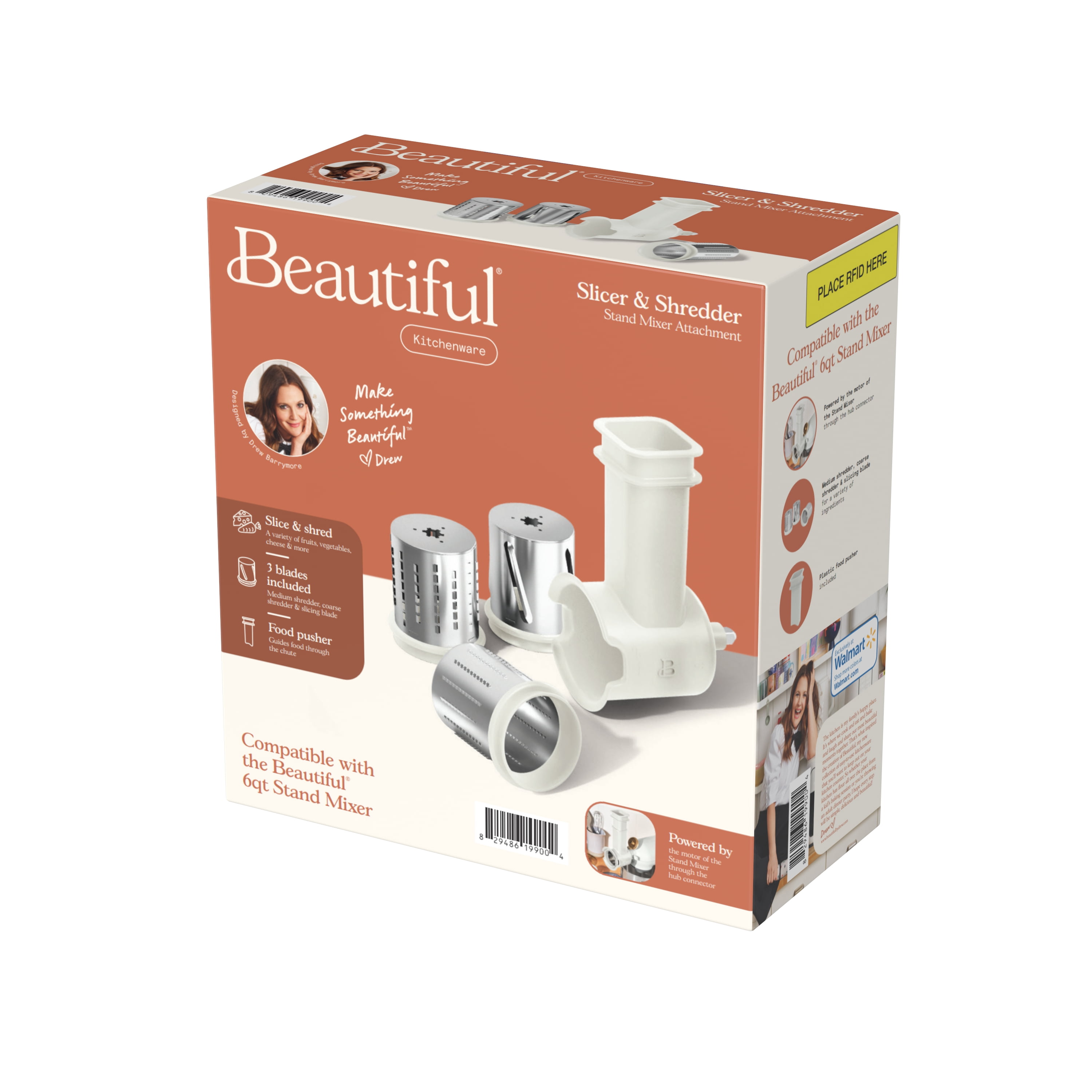 Beautiful Slicer/Shredder Stand Mixer Attachment with 3 Stainless Steel Cutting Blades, by Drew Barrymore