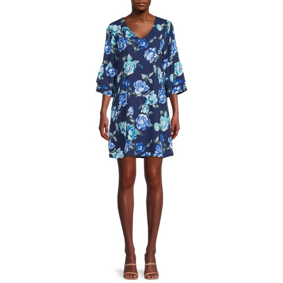 Nine.Eight Women V-Neck Flounce Sleeve Above Knee Shift Dress