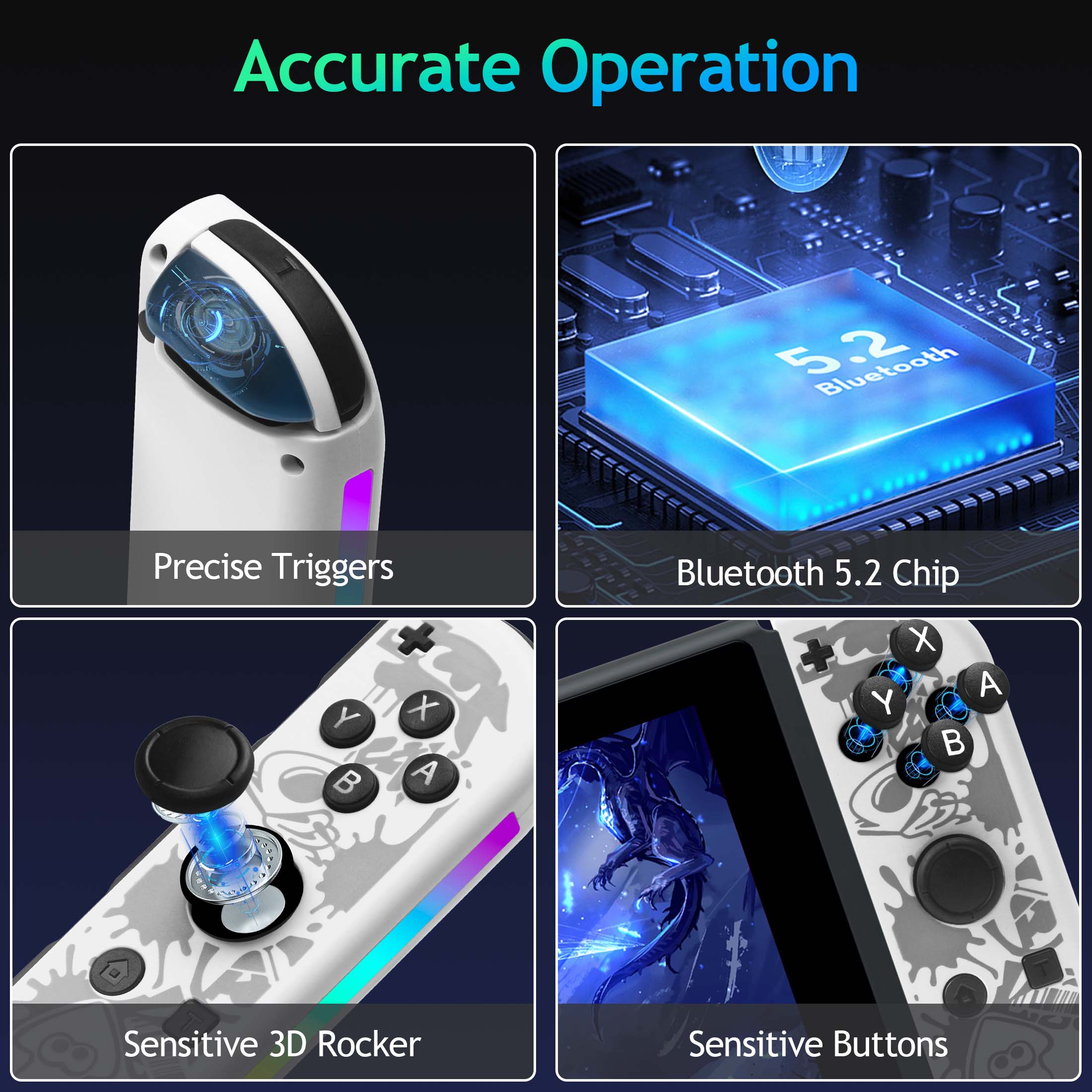 Controlador de Juegos Dividido Inalámbrico, Gamepad Bluetooth con Luz RGB, Movimiento y Vibración, Controlador Recargable para Consola Portátil 8