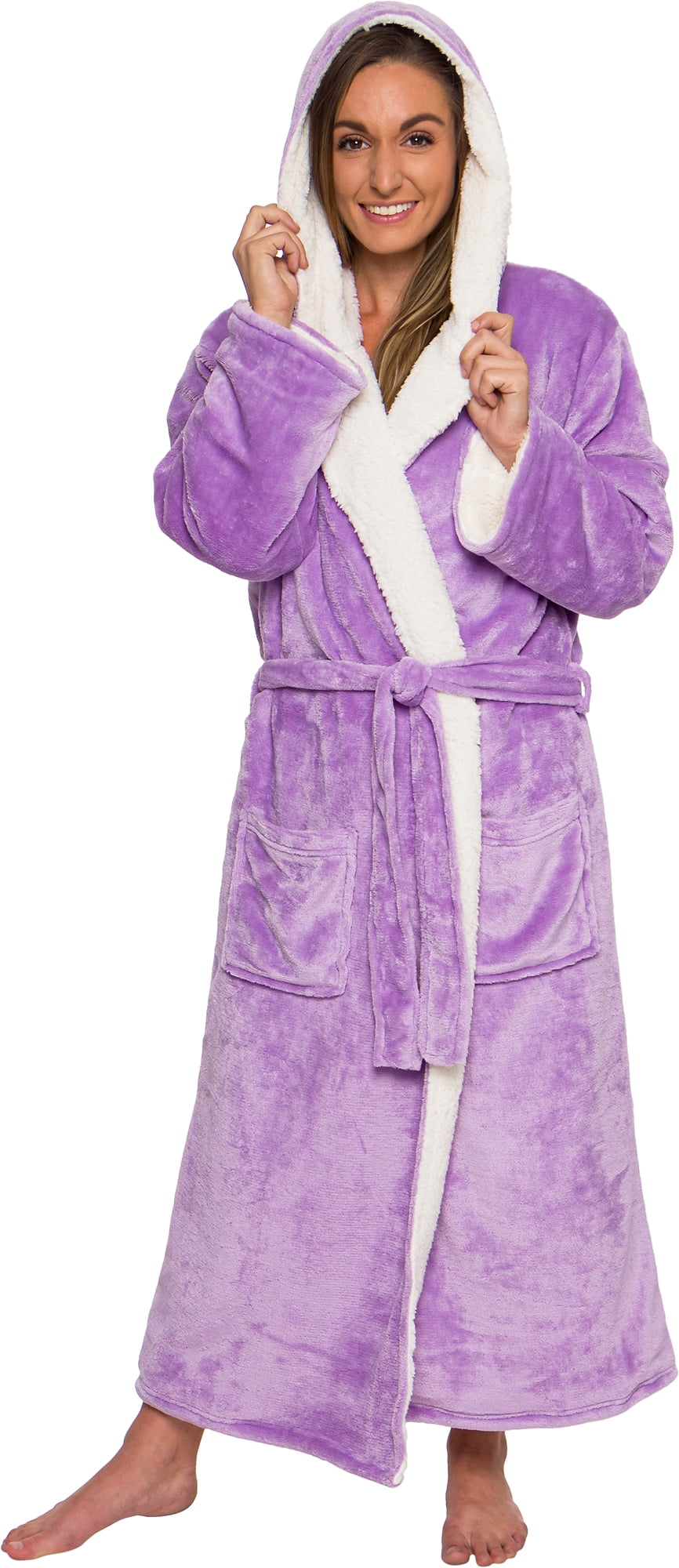 Womens Sherpa Lined Hooded Robe Full Length Lavender Warm Plush