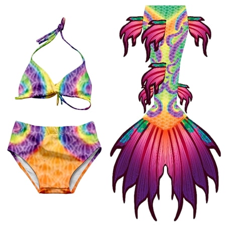 Lkhaha Girl s Swimsuit Fish Scale Print Halter Lace Up Bikini Tail 3 Piece Set Training Swimwear Multicolour 4-6 Years