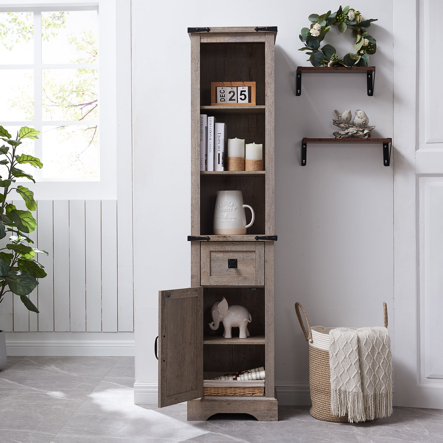 OKD Freestanding Bathroom Storage Cabinet, Farmhouse 69" Tall Narrow Cabinet with Adjustable Shelves and Metal Handle, Light Rustic Oak