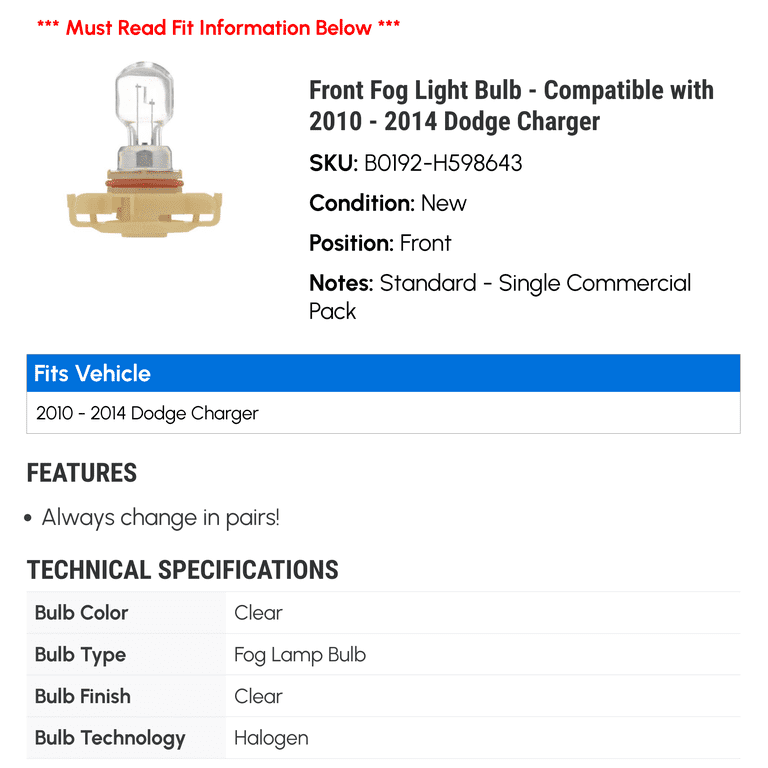 Front Fog Light Bulb - Compatible with 2010 - 2014 Dodge Charger 2011 2012  2013 - Walmart.com