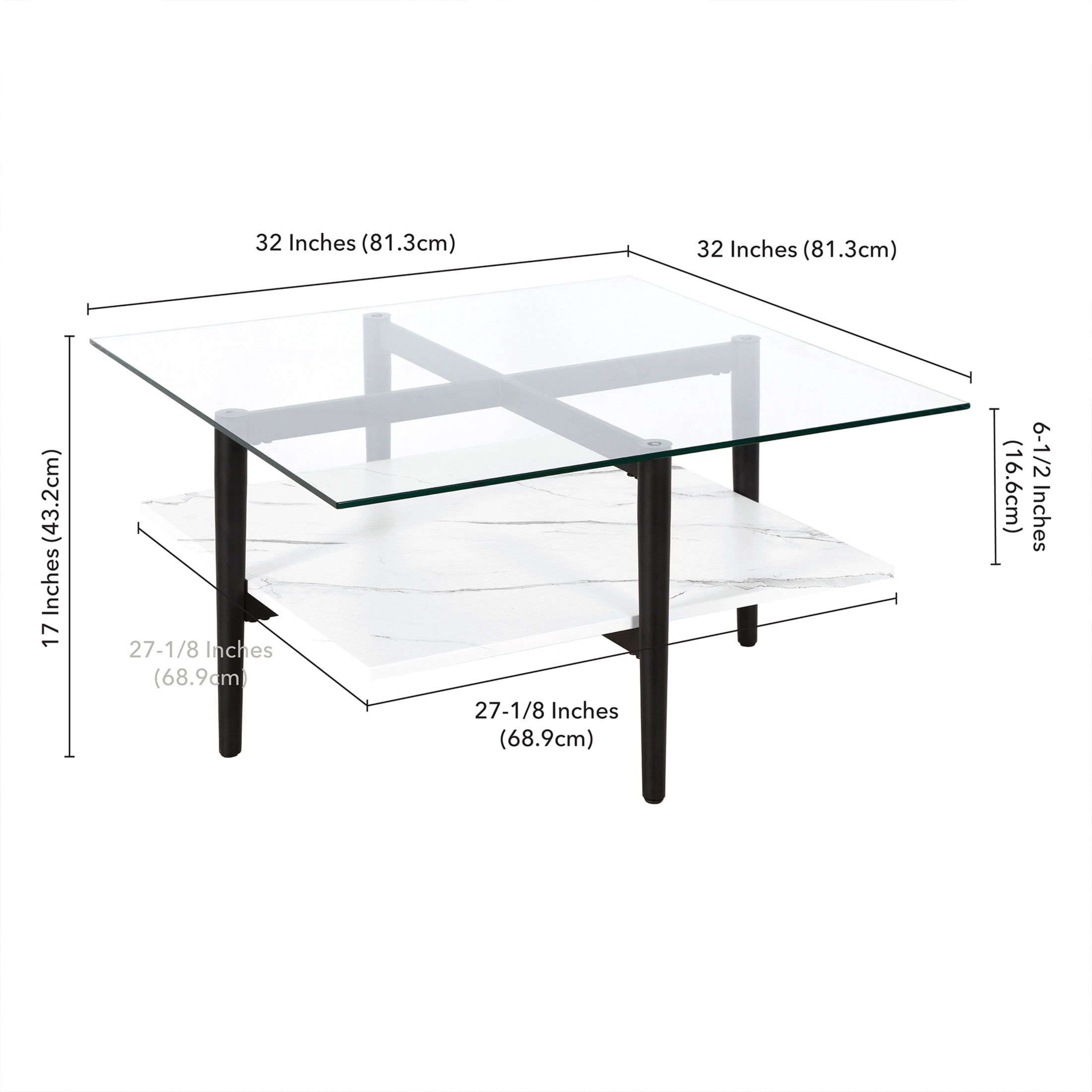 Evelyn&Zoe Otto 32" Wide Square Coffee Table with Faux Marble Shelf, Blackened Bronze