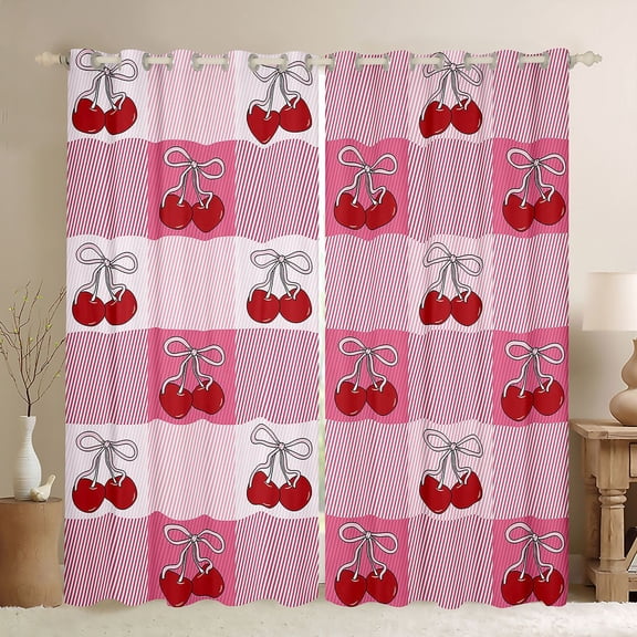 Homewish Girly Pink Cherry Black Out Curtains for Girl, Cartoon Fruit Cherry Curtains Pack of 2 (42x63 Each), Ribbon Bowknot Bedroom Curtains, Blackout Curtains Bedroom Decor