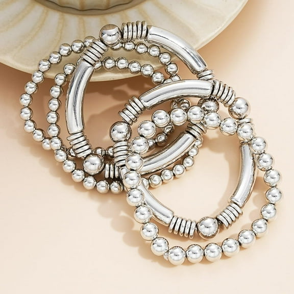 5Pcs Platinum 21cm Beaded Stretch Bracelets | Stackable Jewelry Set for Women | Trendy Layering Bangle for Casual & Wedding Fashion