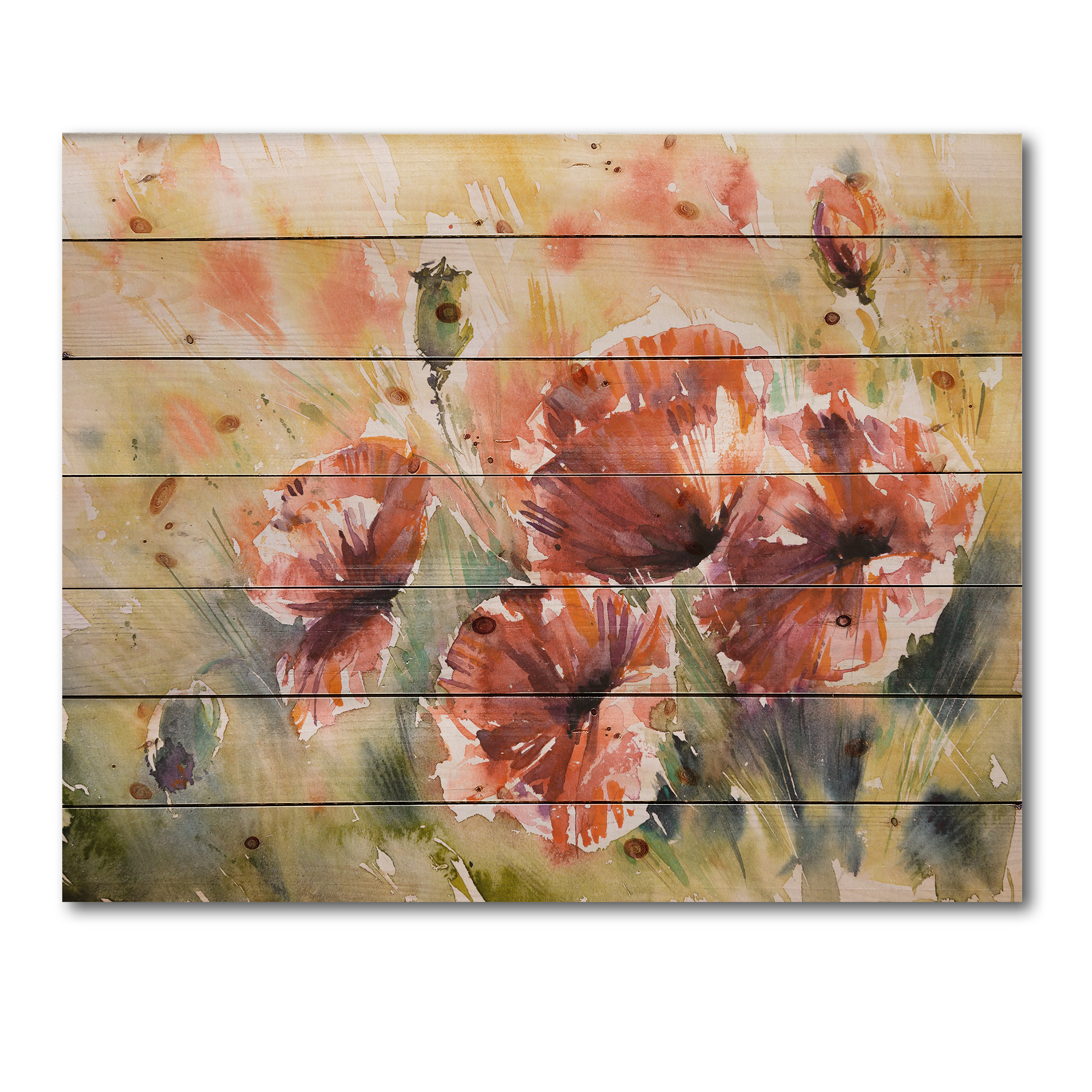 Designart 'Abstract Red Poppy On A Field' Traditional Print on Natural Pine Wood