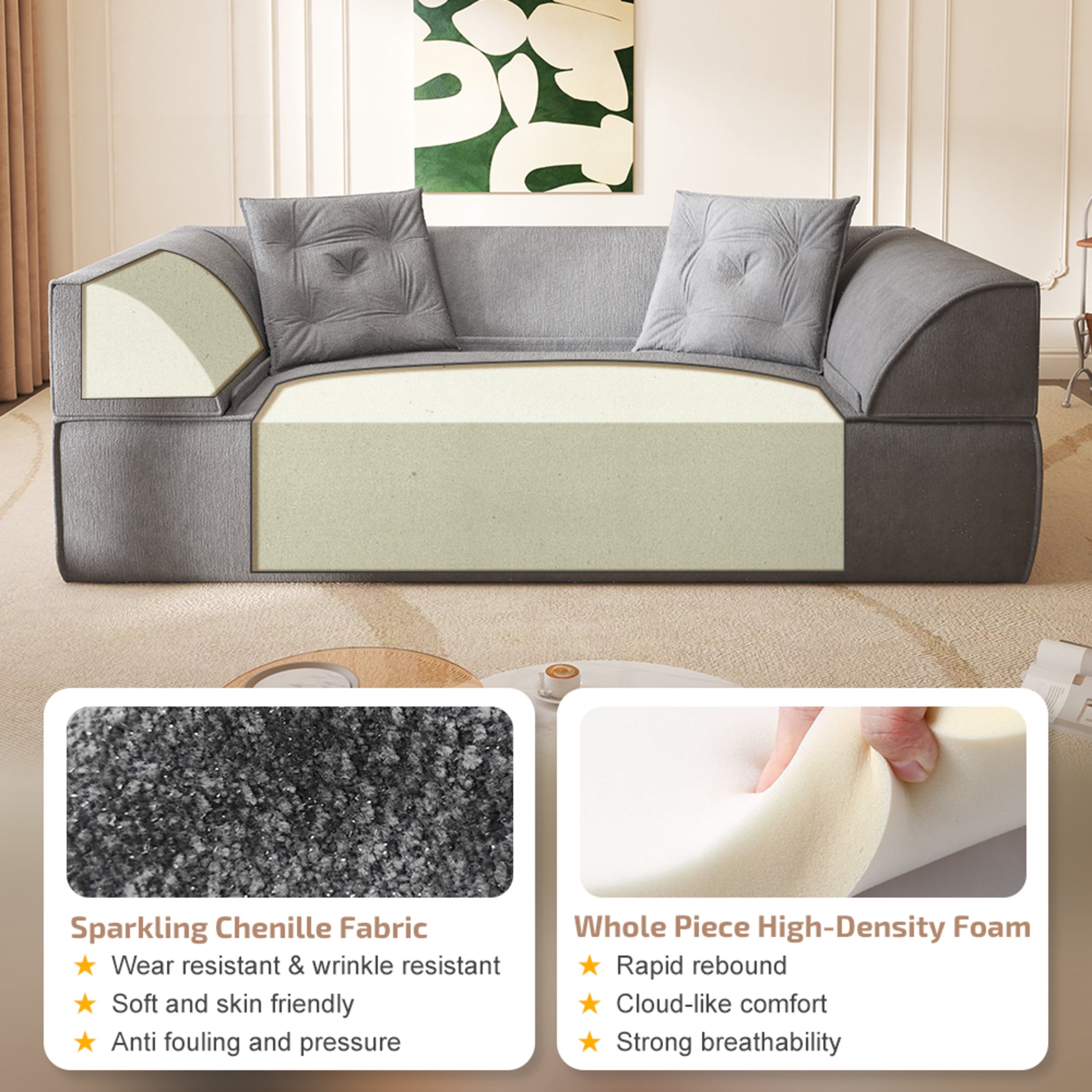 Noble House 80" 3-in-1 Convertible Sofa Bed, Sparkling Chenille Deep Seat Couch with Pillows, for Living Room, Gray