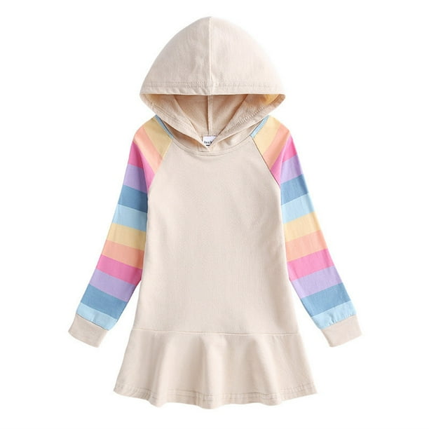 Odeerbi Niñas Sudaderas Con Capucha Vestido Plisado Sudadera de Algodón Vestido Rayas Arco Iris Manga Larga Vestido Suelto